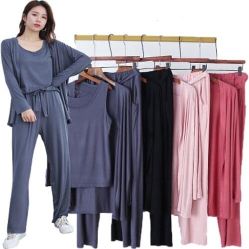 Spring Autumn 3 Pieces Set Long Sleeve Modal Atoff Home Women Loose Casual Pajamas Autumn Soft Home Cloth Plus Size Loose Sleepw