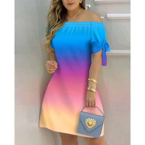2021 Women Sexy Gradient Ombre Colorblock Off Shoulder Short Sleeve Tie Detail Summer Casual Mini Party Dress Fashion Daily Wear