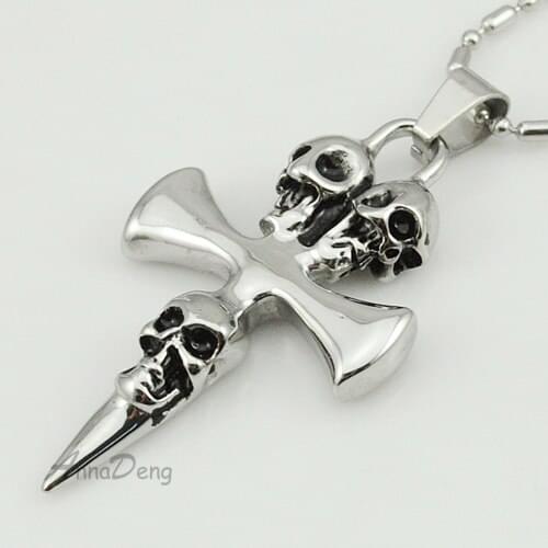 CHIMDOU fashion stainless steel 3 skull head pendant cross necklace for men AP051