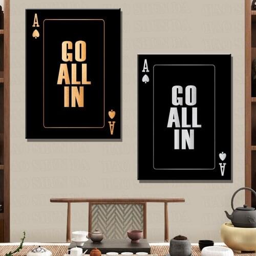 Go All In Motivational Quote Posters and Prints on Canvas Painting Gold Silver Wall Art Pictures for Living Room Office Decor