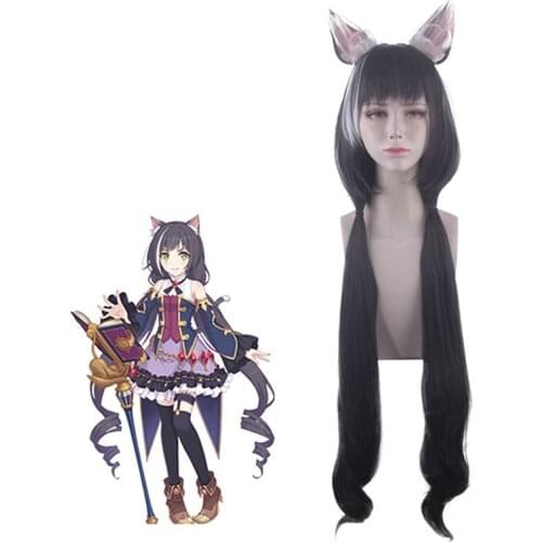 Princess Connect! Re:Dive Kiruya Wig with Ears Kyaru Cosplay Costume 100cm long black Synthetic Hair Halloween Role Play Wigs