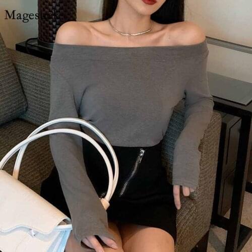 Sexy White Long Sleeve Slim Top Pullover Bottoming Blouse Spring Autumn Korean Style Slash Neck Off Shoulder T-shirt Women 12204