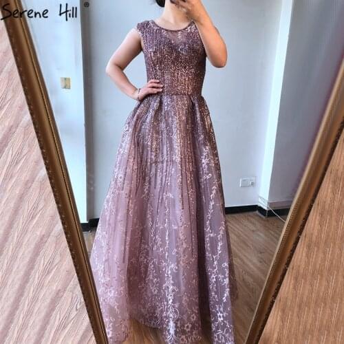 Pink A-Line Luxury Sleeveless Evening Dresses Long 2020 O-Neck Crystal Sexy Formal Gown Women Elegant Serene Hill BLA70552