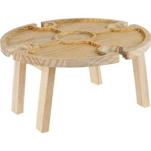 Wooden Outdoor Folding Camping Table, Portable Mini Table, Creative 2 In 1 Wine Glass Rack & Compartmental Dish