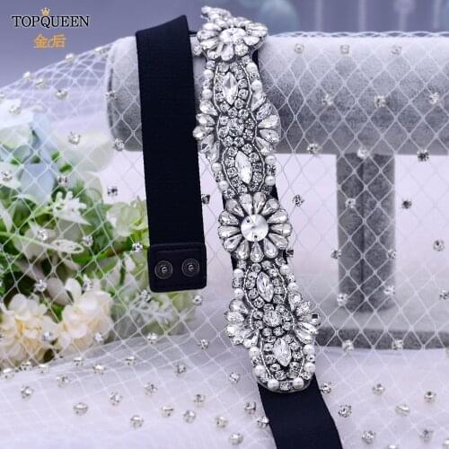 TOPQUEEN S237-D Black Beaded Sash Pearl Belts for Dresses Elastic Belt Diamond Pearl Belts for Women Rhinestone Dress Accessory