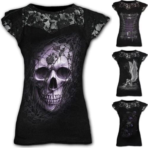 Shirt Women Summer Fashion Gothic Style Short Sleeve Round Neck Skull Lace Tops Plus Size Multi-colored Female Shirts Pullovers