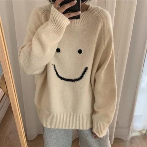 2021 autumn and winter new hooded loose round neck casual smiley pattern sweater girl fashion casual long-sleeved all-match top