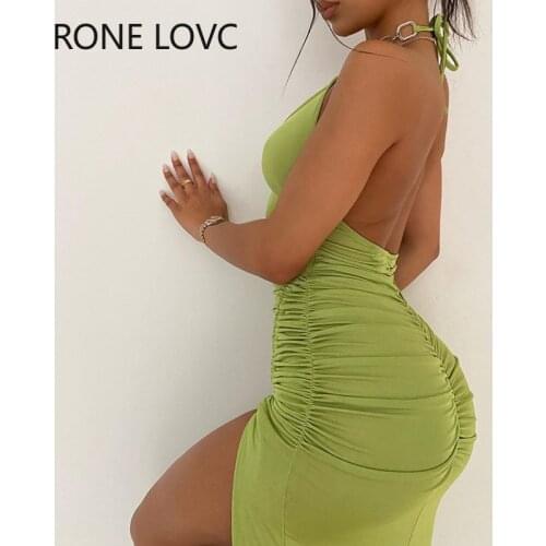 Women U-neck Halter Chain Strap Backless Drawstring Dress Elegant Bodycon Sexy Party Dress