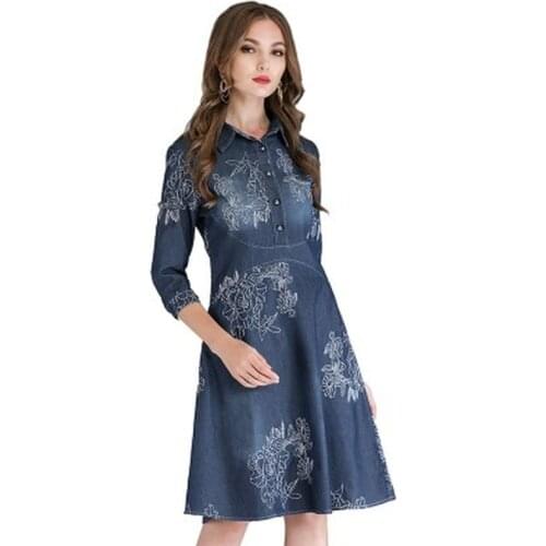 2019 Autumn Style Vintage Half Sleeve Slim Summer Dress Plus Size Clothing Embroidered Women Vestidos Jeans Dress