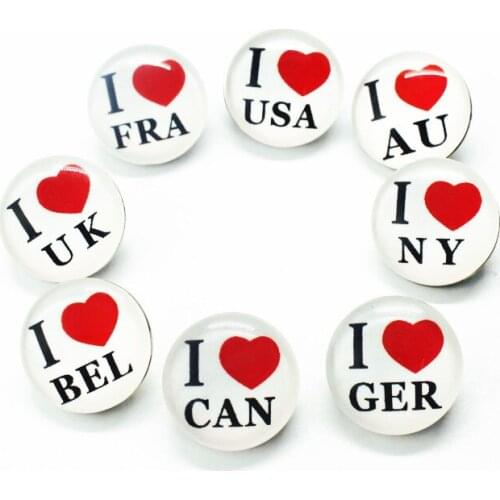 20pcs/lot Letter I LOVE State Glass Round Love Snap Buttons Charms Fit 18mm/20mm DIY Snap Bracelet Jewelry