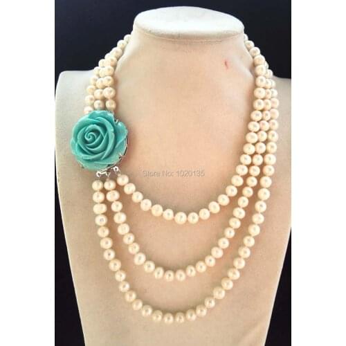 3rows freshwater pearl white near round 8-9mm 17-20inch necklace green flower clasp wholesale bead gift discount nature
