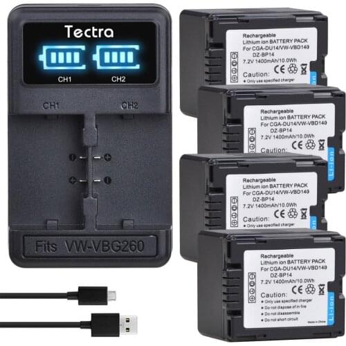 4Pcs 1400mAh CGA-DU14 Battery for PANASONIC CGR-DU06 DU07 DU12 DU21 NV-GS10 GS100K GS17E PV-GS65 VW-VBD140 DZ-BP14+LED Charger