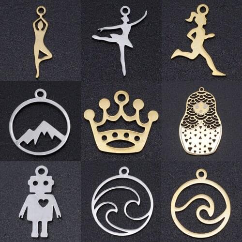 5pcs/lot Running Yoga DIY Charms Wholesale 100% Stainless Steel Wave Mountain Connectors Charm Crown Ballet Jewelry Pendant