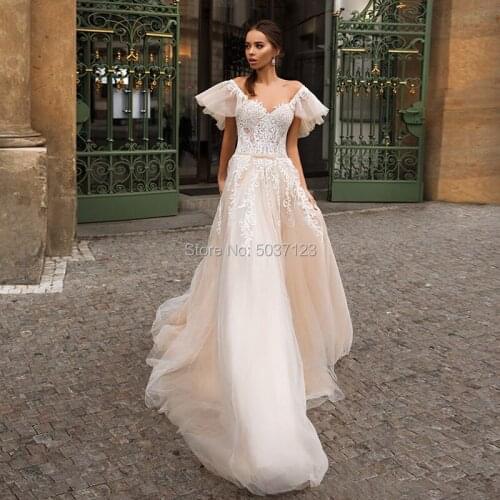 Boho Champagne Wedding Dresses with Puffy Sleeves Lace Appliques Arabic Princess A-Line Robe de Mariage Gowns 2021 Floor Length