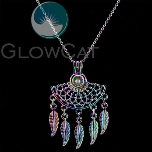 C1011 Rainbow Handmade Filigree Tassel Beads Cage Pendant Perfume Diffuser Aroma Stone Pearl Cage Locket Necklace