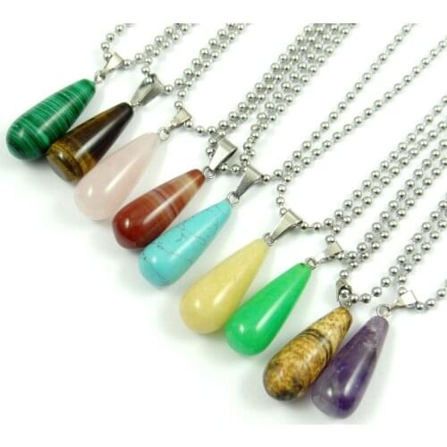 Natural Stone Opal Tiger eye Pink Crystal lapis water droplets Pendant Stainless steel Chains Necklace Women Fashion Jewelry