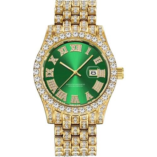 Hip Hop Men Luxury Brand Full Diamond Watches Fashion Alloy Band Golden Business Date Quartz Watch Montres de Marque de Luxe
