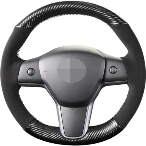 Car Steering Wheel Cover Soft Hand-Stitched Black Carbon Fiber Suede Car Steering Wheel Covers For Tesla model 3 2017-2020