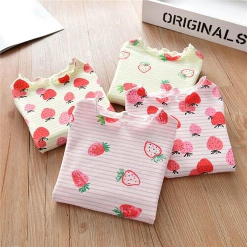 Girls Print Bottoming Shirt Cotton Baby Blouse ChildrenS Striped Long-Sleeved Tops Spring Autumn Pink Strawberry Kids Clothes
