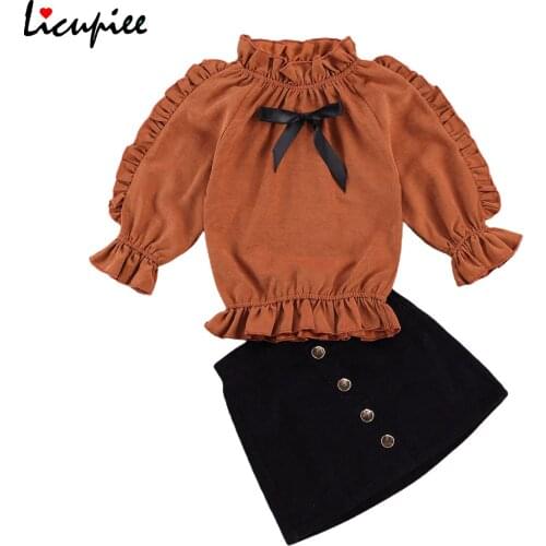 Toddler Kids Baby Girls Clothes Autumn Girls Ruffles Sleeve Pullover Shirts Tops+leopard Print Button A-line Skirts 1-6 Years