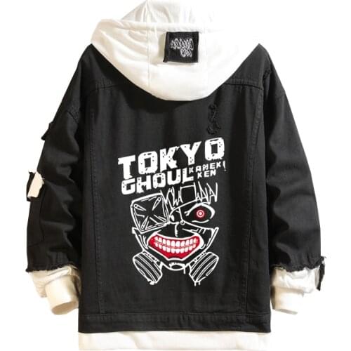 Spring Autumn Men Women Black Jeans Jacket Anime Tokyo Ghoul Denim Coat Boys Girls Hooded Outerwear Cartoon Cosplay Costume Tops