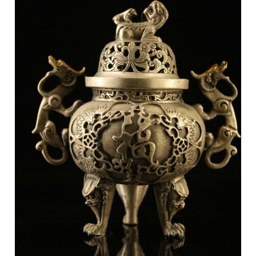 6" Chinese antique bronze silvering gilt gold fu lu shou Incense Burner