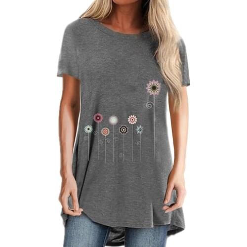 Fashion Womens O-neck Floral Print Casual T-shirt Short Sleeves Blouse Tops Long Butt Cover Ladies Blouse Solid Color T-shirt