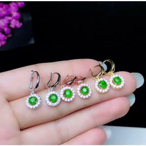 Natural green diopside drop earrings S925 silver inlaid natural Gemstone drop earrings Classic round Womens birthday gifts