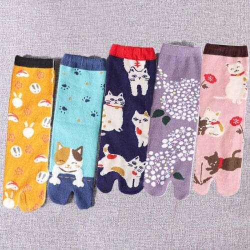 Japanese Tabi Two Toe Socks Women Kawaii Cute Multicolor Cat Pattern Deodorant Breathable Cotton Socks With Separate Toes Gift