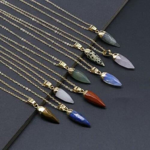 Natural Stone Bullet Shape Facted Crystal Pendant Goldtone Coated Pointed Design Charm Necklace