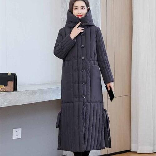 2021 Women Vintage Down Padded Jacket Winter X-Long Parka Loose Hooded Coat Single-Breasted Thicken Warm Outwear