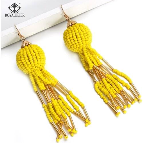 ROYALBEIER New Arrivals Yellow Tassel Earrings Small Glass Beads Earrings For Party Jewelry Dangle Drop Womens Hanging Earrings