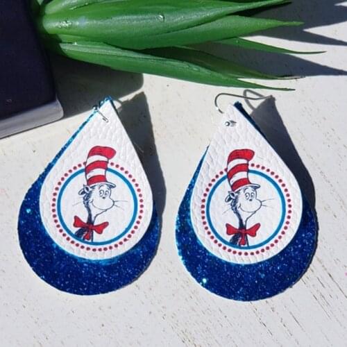 Stock Dr. Suess Cat in the hat faux leather earrings for women bulk order wholesale