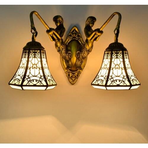Vintage Rustic Tiffany Baroque Stained Glass Iron Mermaid E27 LED Wall lamp Lighting Wall Sconce for Bedside Home Fixture