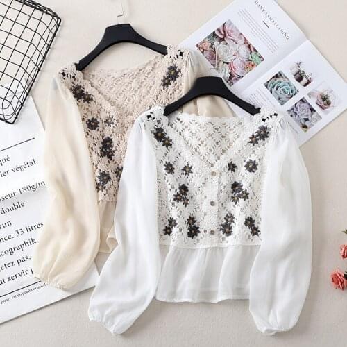 Spring 2021 Korean Fashion Women Clothing Embroidery Loose V-neck Chiffon Shirt Female Floral Hook Flower Hollow Blouses 0136