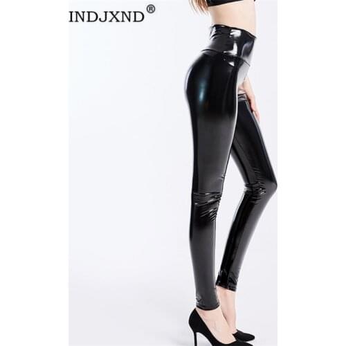 INDJXND High Waist Stretch Faux Leather Slim Pants Leggings PU Faux Leather Leggings High Waist Women Leggins Push Up Legging