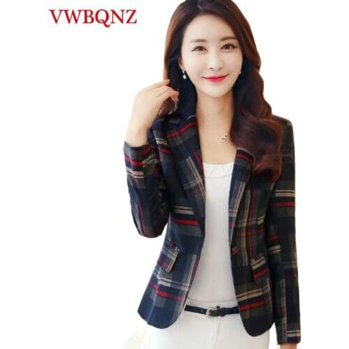 Women Plaid Business Suits Spring Autumn Single Button Female Blazers Jackets Short Slim Plaid Blazer Women Suit Plus Size 3XL