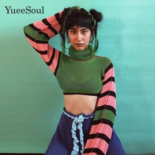 Turtleneck Women Sweater Striped Knitted long sleeve Pullover Y2K Aesthetic 2021 Winter Casual Green Jumper Womens Clothing