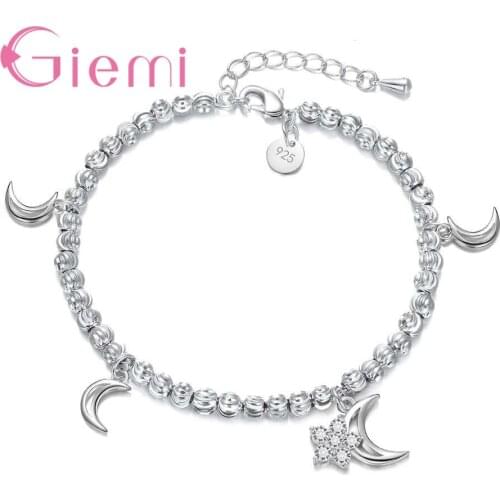 High Quality Authentic 925 Sterling Silver Elegant Moon Clear CZ Round Chain Bangle & Bracelet Luxury Jewelry