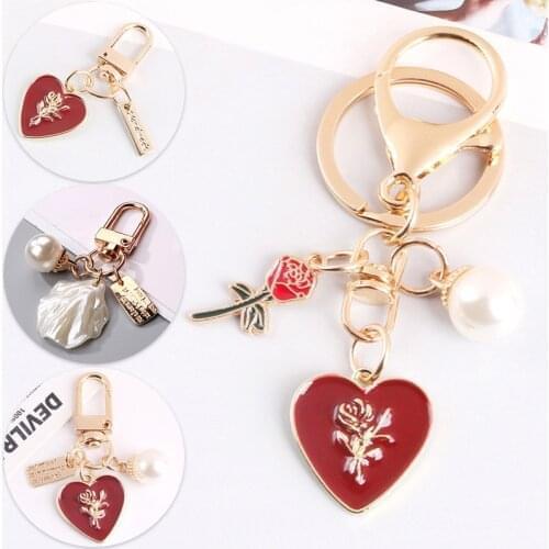 1PC Red Heart Keychain Keyring For Women Girl Jewelry Simulated Pearl Cute Car Key Holder Keyring Best Friend Gift Ornament