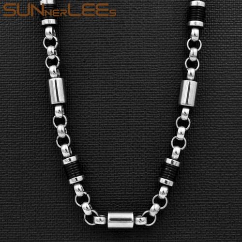 SUNNERLEES 316L Stainless Steel Necklace 7mm Geometric Link Chain Silver Color Black Silicone Men Women Jewelry Gift SC173 N