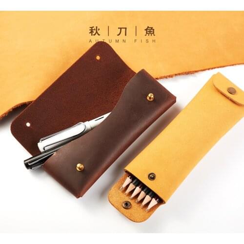 Pure Handmade Cowhide Pencil Case Genuine Leather Pencil Bag, Pen Pouch
