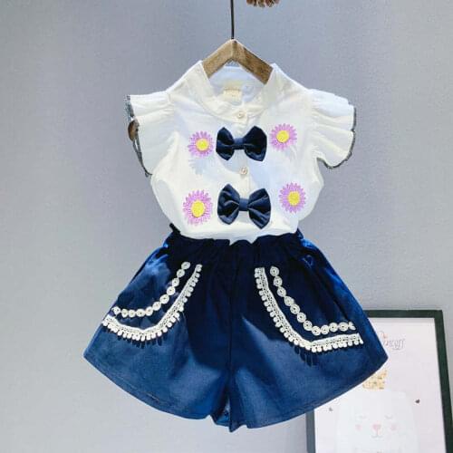 Children Girls Summer Birthday Clothes Suit Little Girls Fashion Cotton Striped Short Sleeve +Denim Shorts 2PCS Girls Outfits