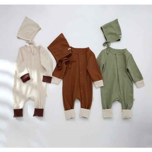 Korean Style Baby Boy Girl Outfit Romper Suit Long Sleeves Pure Color Cute Fashion Baby Clothes Toddler Baby Clothing With Hat