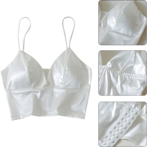 Women Sexy Silky Satin Spaghetti Strap Bralette Deep V-Neck Solid Color Camisole Crop Top Wireless Padded Bra Wrapped Chest Unde