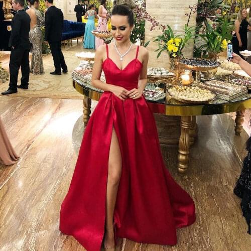 Red Satin A Line Prom Dress 2022 Sweetheart Spaghetti Sexy High Side Slit Backless Long Evening Party Gown Custom Made Plus Size