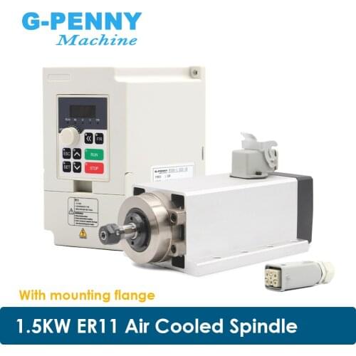 New Arrival! 1.5kw ER11 air cooled spindle motor with flange 4 pcs bearings square spindle motor & 1.5KW QL Inverter VFD