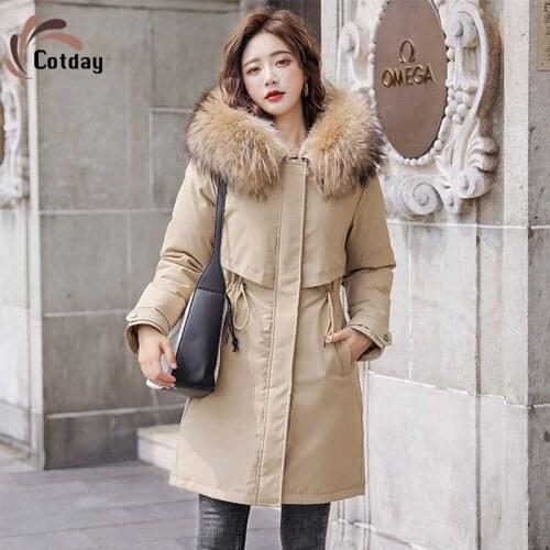 Cotday Cotton Long With Hooded Fur Loose Plus Size 6XL Chic Zipper Drawstring Liner 2020 Fashion Women Winter Warm Parka Coat