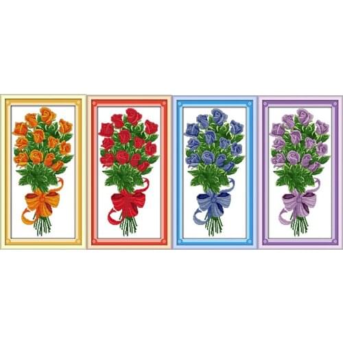 Joy Sunday The Present Red Rose Flower Decor Painting Counted Printed on Canvas 11&14CT DMC Chinese Cross Stitch Embroidery Kits