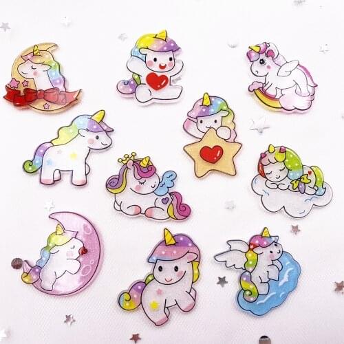 Kawaii Colorful Glitter Unicorn Flatback Acrylic Sheet Miniature Pattern 10pcs Applique DIY Scrapbook Home Decor Craft J02